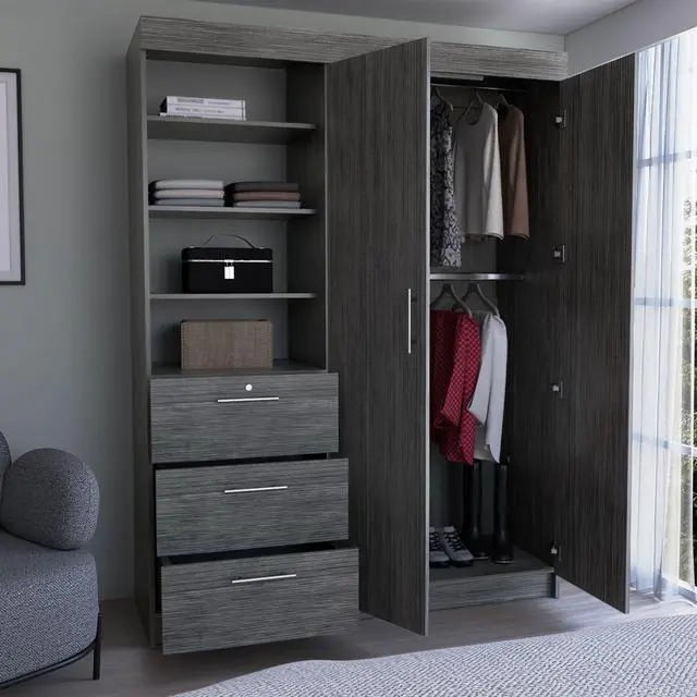 Alt view image 4 of 7 - Kenya 3 Drawers Armoire, Double Door, 3-Tier Shelf Smokey Oak
