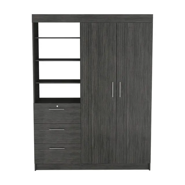 Alt view image 5 of 7 - Kenya 3 Drawers Armoire, Double Door, 3-Tier Shelf Smokey Oak