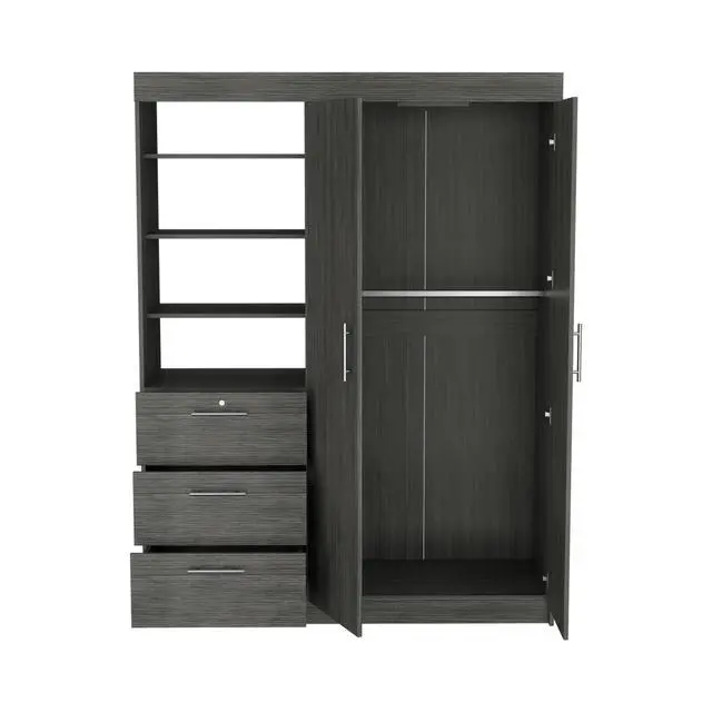 Alt view image 6 of 7 - Kenya 3 Drawers Armoire, Double Door, 3-Tier Shelf Smokey Oak