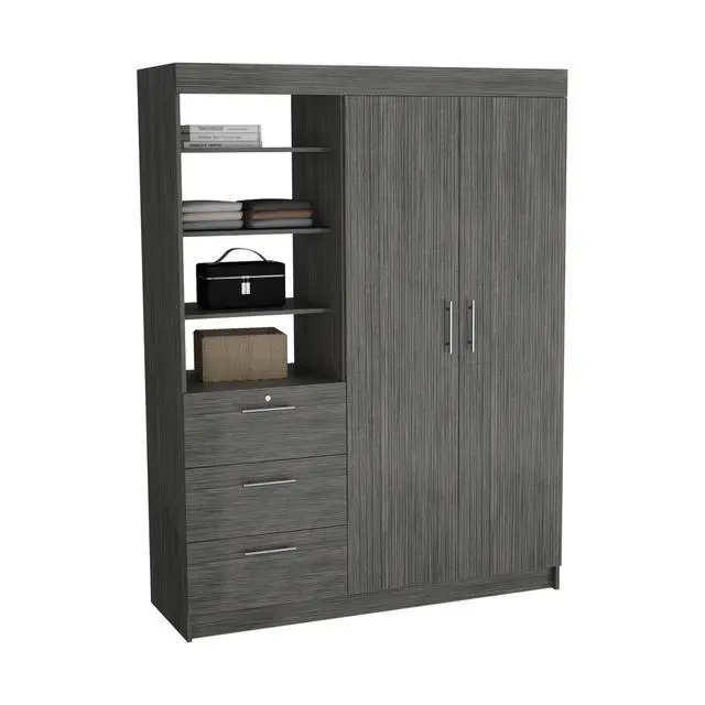 Alt view image 7 of 7 - Kenya 3 Drawers Armoire, Double Door, 3-Tier Shelf Smokey Oak