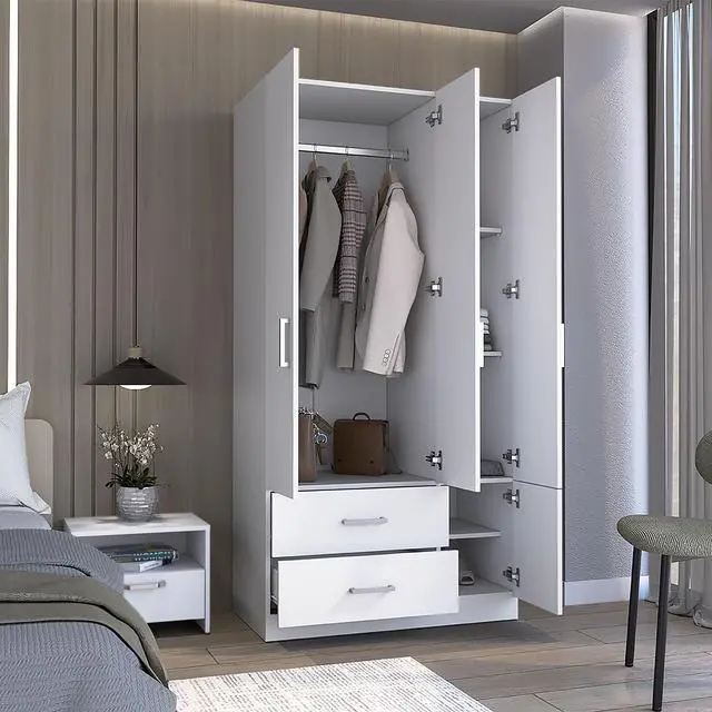 Alt view image 2 of 7 - Sebree 71" High Armoire Wardrove Closet with 2 Drawers, Four Doors , Three Cabinet , Six Shelves and Hanging Rod, Bedroom Clothes Storage Cabinet Organizer White
