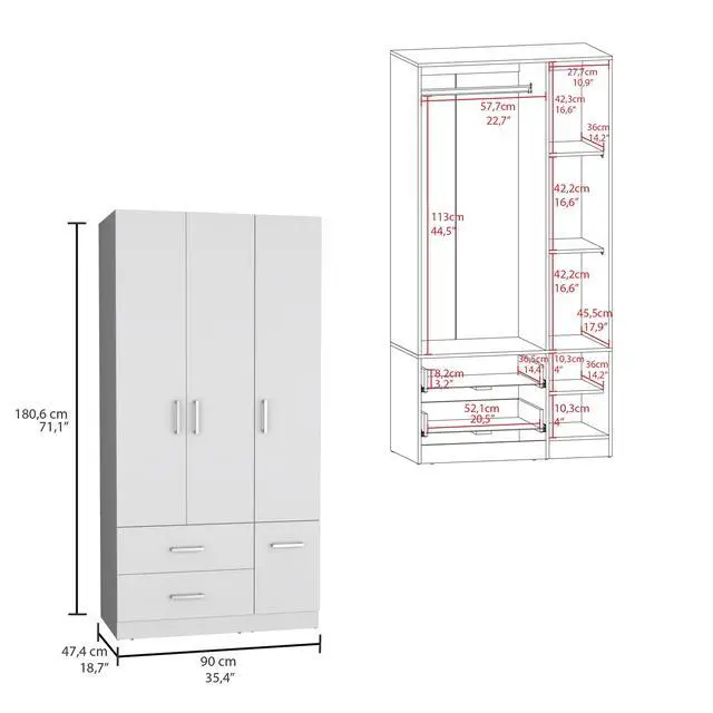 Alt view image 3 of 7 - Sebree 71" High Armoire Wardrove Closet with 2 Drawers, Four Doors , Three Cabinet , Six Shelves and Hanging Rod, Bedroom Clothes Storage Cabinet Organizer White