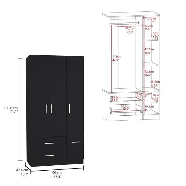 Alt view image 3 of 7 - Sebree 71" High Armoire Wardrove Closet with 2 Drawers, Four Doors , Three Cabinet , Six Shelves and Hanging Rod, Bedroom Clothes Storage Cabinet Organizer Black