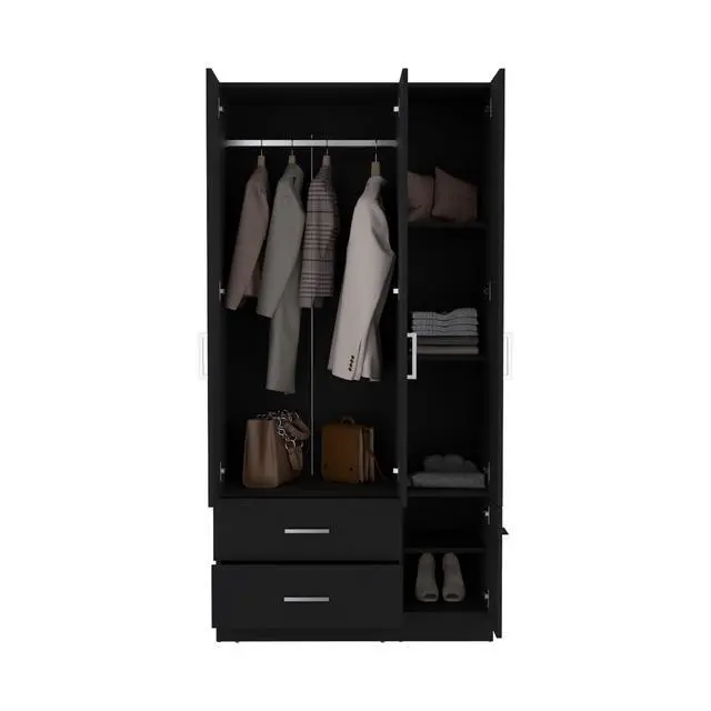 Alt view image 7 of 7 - Sebree 71" High Armoire Wardrove Closet with 2 Drawers, Four Doors , Three Cabinet , Six Shelves and Hanging Rod, Bedroom Clothes Storage Cabinet Organizer Black