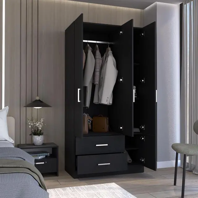 Alt view image 5 of 7 - Sebree 71" High Armoire Wardrove Closet with 2 Drawers, Four Doors , Three Cabinet , Six Shelves and Hanging Rod, Bedroom Clothes Storage Cabinet Organizer Black