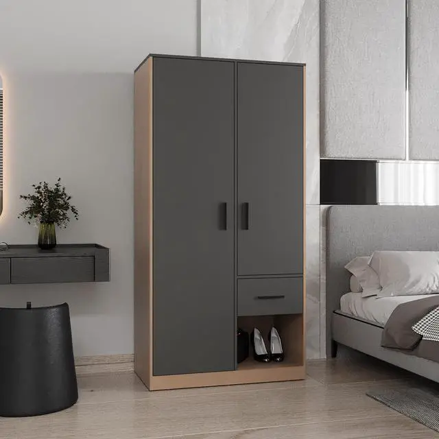 Main image of Alder 2-Door One Drawer Amoire with 2 Cabinets, Two Hanging rods and Four Shelves in Matt Gray and Natural Oak