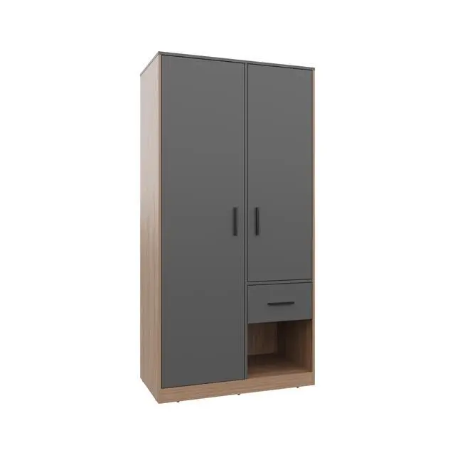 Alt view image 2 of 7 - Alder 2-Door One Drawer Amoire with 2 Cabinets, Two Hanging rods and Four Shelves in Matt Gray and Natural Oak