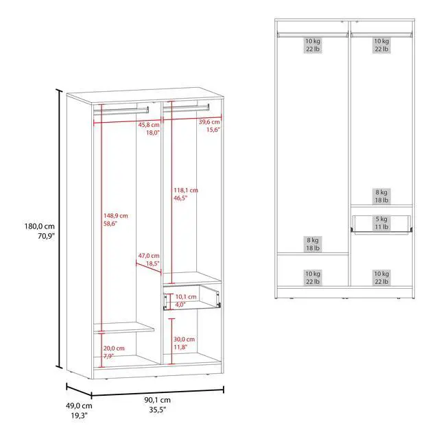 Alt view image 3 of 7 - Alder 2-Door One Drawer Amoire with 2 Cabinets, Two Hanging rods and Four Shelves in Matt Gray and Natural Oak