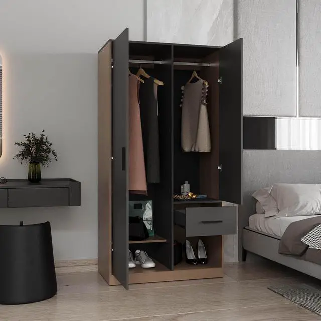 Alt view image 5 of 7 - Alder 2-Door One Drawer Amoire with 2 Cabinets, Two Hanging rods and Four Shelves in Matt Gray and Natural Oak