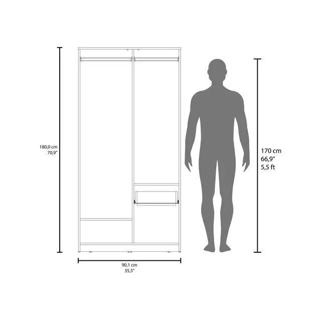 Alt view image 4 of 7 - Alder 2-Door One Drawer Amoire with 2 Cabinets, Two Hanging rods and Four Shelves in Matt Gray and Natural Oak