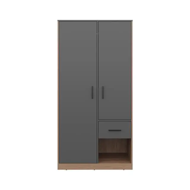Alt view image 6 of 7 - Alder 2-Door One Drawer Amoire with 2 Cabinets, Two Hanging rods and Four Shelves in Matt Gray and Natural Oak