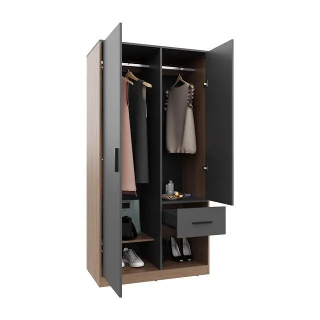 Alt view image 7 of 7 - Alder 2-Door One Drawer Amoire with 2 Cabinets, Two Hanging rods and Four Shelves in Matt Gray and Natural Oak