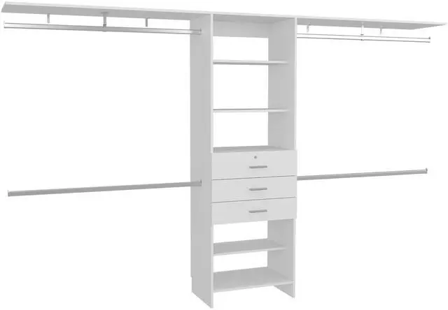 Alt view image 2 of 7 - Plego 69"W - 118"W Drawers Closet System, Five Shelves, Four Hanging Rods, Three Drawers White