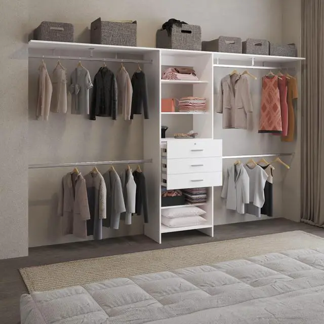 Alt view image 5 of 7 - Plego 69"W - 118"W Drawers Closet System, Five Shelves, Four Hanging Rods, Three Drawers White