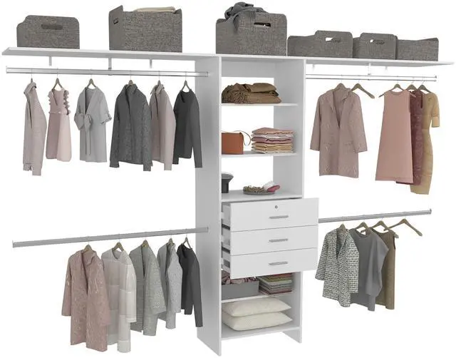 Alt view image 7 of 7 - Plego 69"W - 118"W Drawers Closet System, Five Shelves, Four Hanging Rods, Three Drawers White