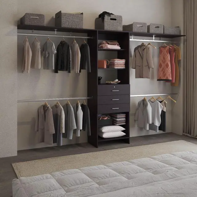Main image of Plego 69"W - 118"W Drawers Closet System, Five Shelves, Four Hanging Rods, Three Drawers Black Wengue