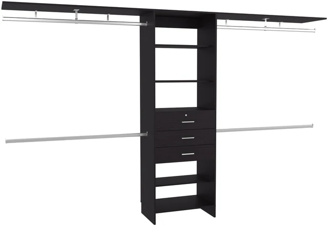 Alt view image 2 of 7 - Plego 69"W - 118"W Drawers Closet System, Five Shelves, Four Hanging Rods, Three Drawers Black Wengue