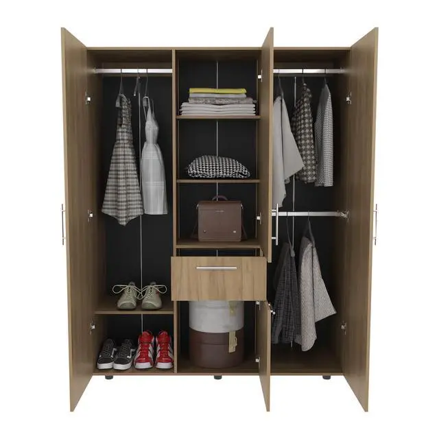 Alt view image 6 of 7 - Bariloche 70" High Four-Door, One Drawer Armoire With Three Hanging Rods, Seven Shelves Bedroom, Wardrobe, Closet Natural Oak