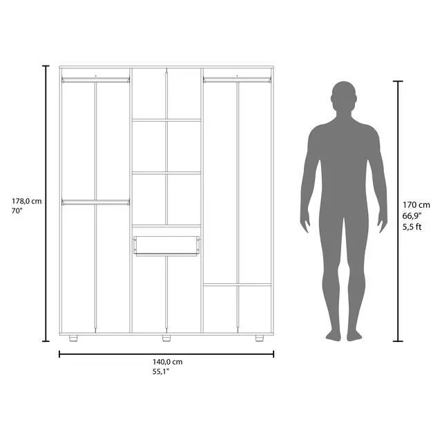 Alt view image 7 of 7 - Bariloche 70" High Four-Door, One Drawer Armoire With Three Hanging Rods, Seven Shelves Bedroom, Wardrobe, Closet Natural Oak