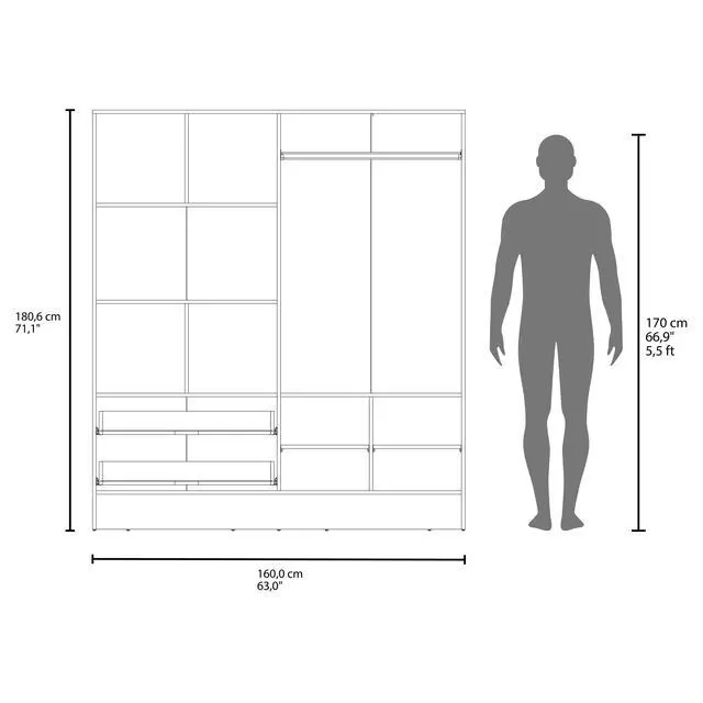 Alt view image 7 of 7 - Bolton 160 Armoire, Six Shelves, Two Double Door Cabinets, Two Mirrors, Two Drawers, White