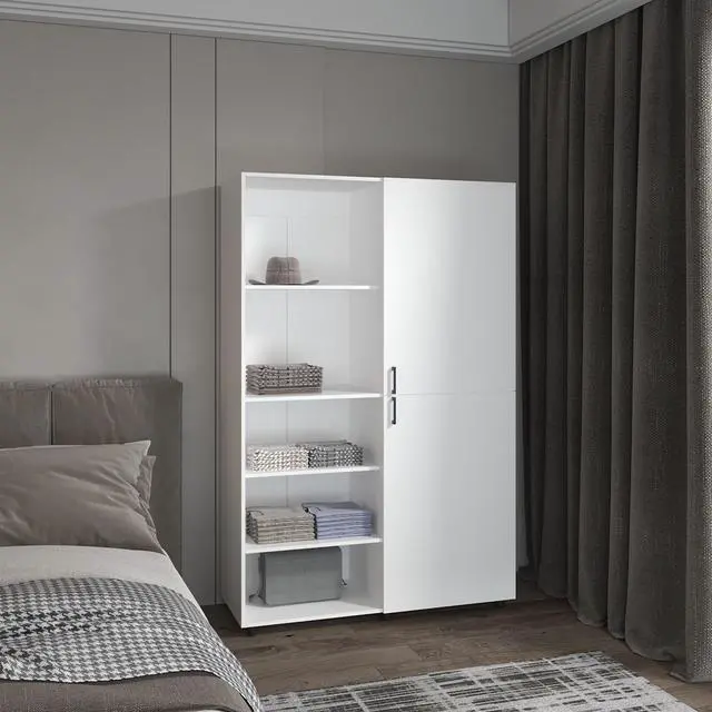 Main image of Eco High One Door Freestanding Armoire With Hanging Rod And Interior Shelves, Compact Bedroom Wardrobe, White