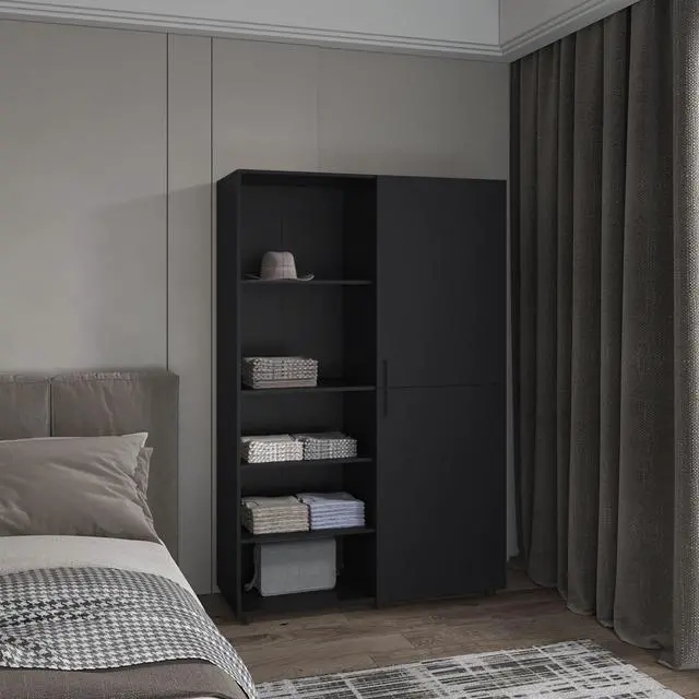 Main image of Eco High One Door Freestanding Armoire With Hanging Rod And Interior Shelves, Compact Bedroom Wardrobe, Black