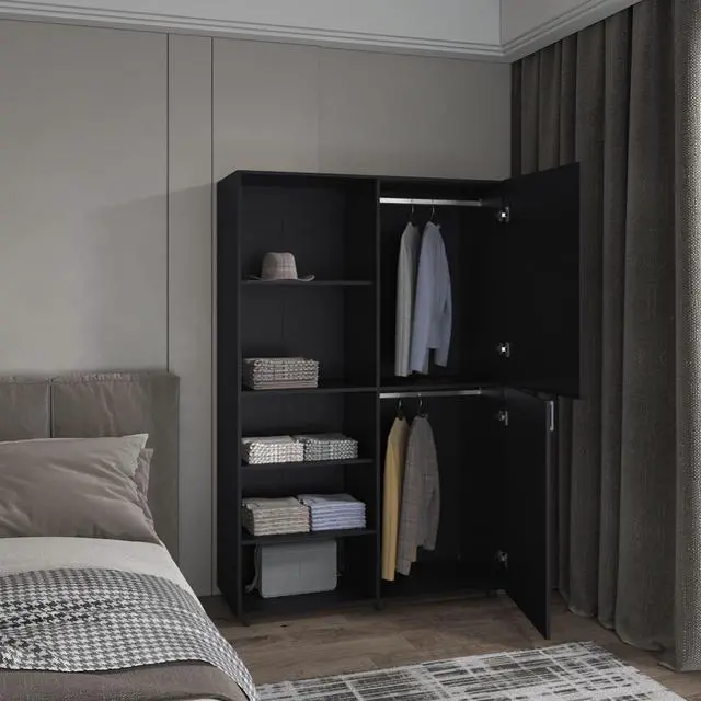 Alt view image 2 of 7 - Eco High One Door Freestanding Armoire With Hanging Rod And Interior Shelves, Compact Bedroom Wardrobe, Black