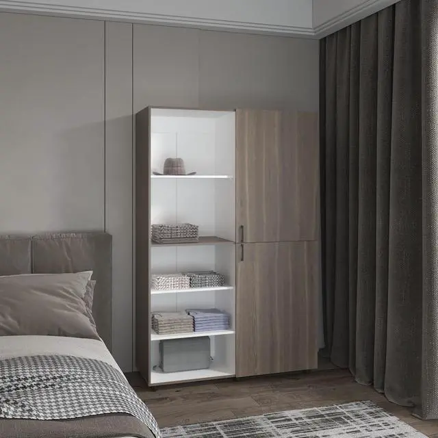 Alt view image 2 of 6 - Eco High One Door Freestanding Armoire With Hanging Rod And Interior Shelves, Compact Bedroom Wardrobe, White, Mahogany