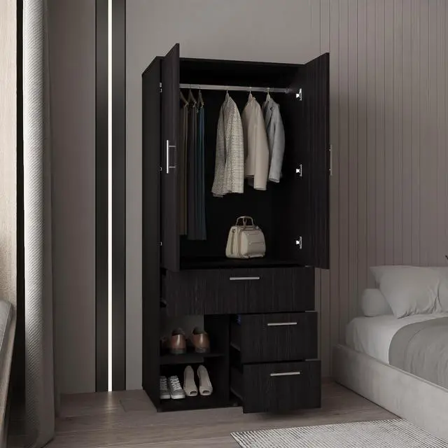 Alt view image 5 of 7 - Alpine Armoire With Double Doors, Internal Shelves And Hanging Rod, Black