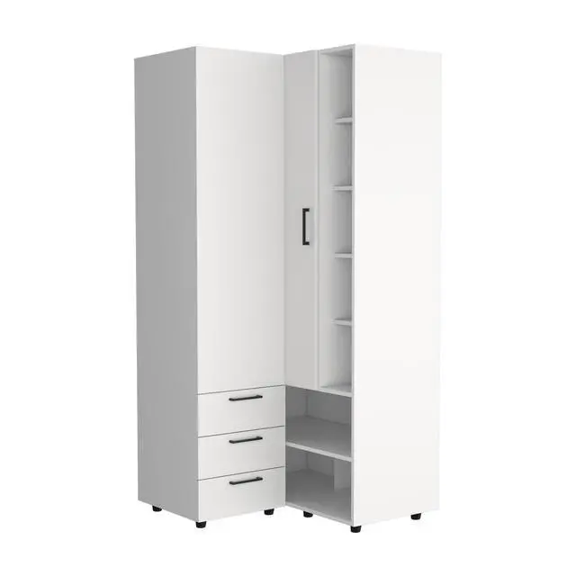 Alt view image 2 of 7 - Toulouse Corner Armoire With Double Doors And Interior Shelves, Space-Saving Wardrobe, White