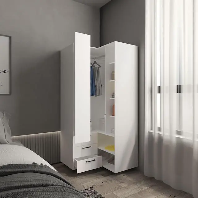 Alt view image 5 of 7 - Toulouse Corner Armoire With Double Doors And Interior Shelves, Space-Saving Wardrobe, White