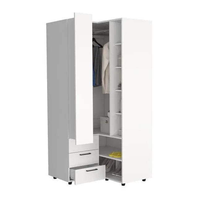 Alt view image 7 of 7 - Toulouse Corner Armoire With Double Doors And Interior Shelves, Space-Saving Wardrobe, White
