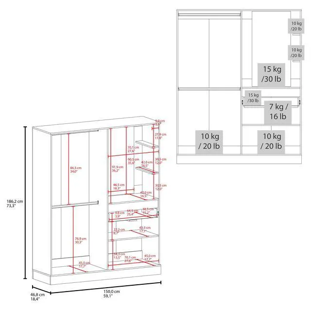 Alt view image 3 of 7 - Kamelot Armoire With Double Doors, Hanging Rod And Interior Shelves, White