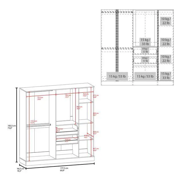 Alt view image 3 of 7 - Kamelot 1,80 Armoire With Double Doors, Hanging Rod And Interior Shelves, White