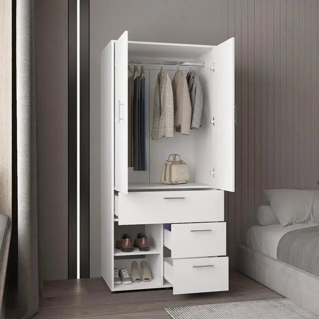Alt view image 4 of 7 - Alpine Armoire with Double Doors, Interior Hanging Rod, Shoe Racks and Multiple Drawers, Freestanding Wardrobe
