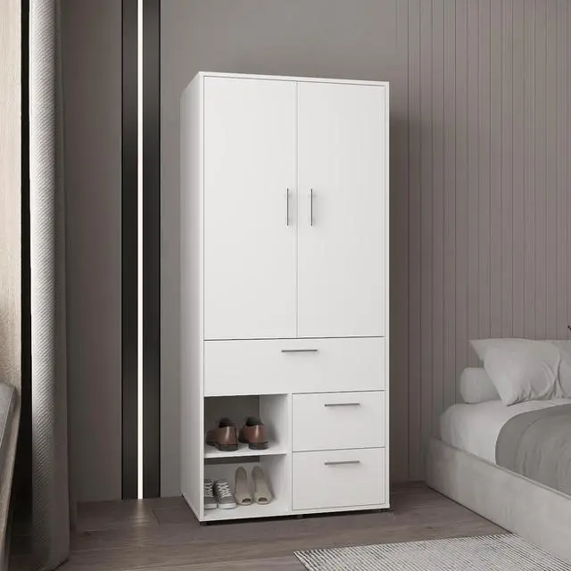 Alt view image 2 of 7 - Alpine Armoire with Double Doors, Interior Hanging Rod, Shoe Racks and Multiple Drawers, Freestanding Wardrobe