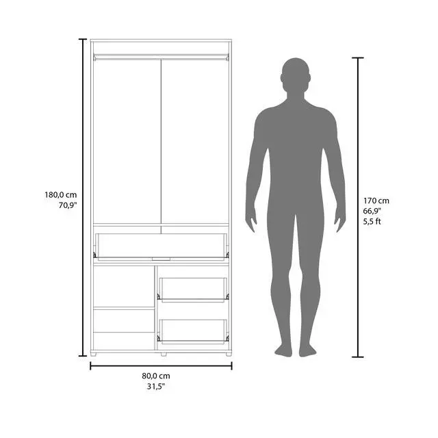 Alt view image 6 of 7 - Alpine Armoire with Double Doors, Interior Hanging Rod, Shoe Racks and Multiple Drawers, Freestanding Wardrobe