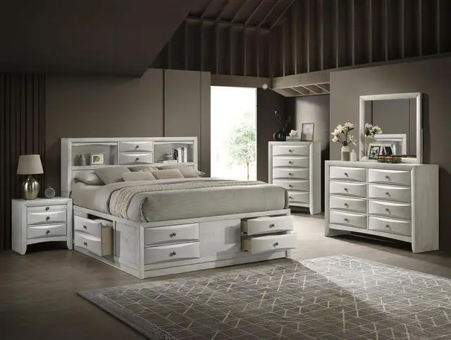 Alt view image 5 of 5 - 1pc Contemporary Neutral White Finish Curved Drawer Fronts Storage Five Drawers Chest Wooden