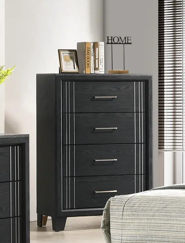 Alt view image 3 of 5 - 1pc Contemporary Four-Drawers Chest Bed Side Cabinet Wooden Furniture Charcoal Color