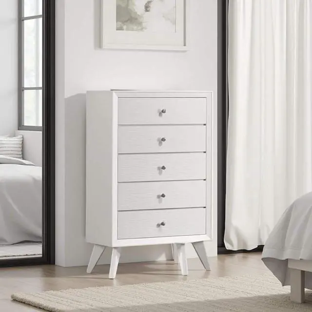 Alt view image 5 of 6 - Contemporary Style 1Pc Chest Angled Legs Round Bronze Knobs Wave Texture White Finish