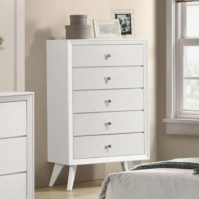 Alt view image 2 of 6 - Contemporary Style 1Pc Chest Angled Legs Round Bronze Knobs Wave Texture White Finish