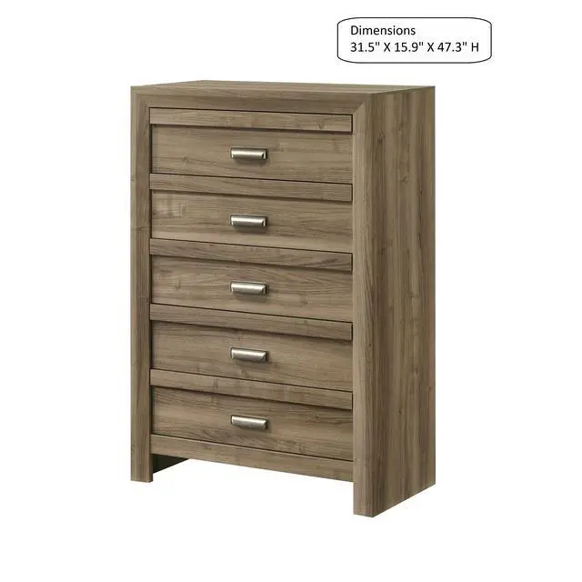 Alt view image 3 of 6 - 1Pc Contemporary Style Five Drawers Storage Tall Chest Wooden Bedroom Furniture Light Brown Warm Wood Finish