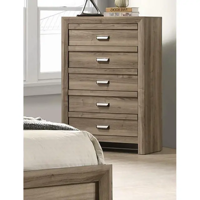 Alt view image 2 of 6 - 1Pc Contemporary Style Five Drawers Storage Tall Chest Wooden Bedroom Furniture Light Brown Warm Wood Finish