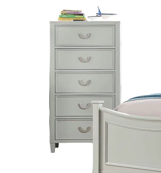 Alt view image 5 of 6 - Transitional Gray 1pc Chest Dovetail Drawers Solid wood Bedroom Chrome Hanging Pulls 5-Drawers Molding Details
