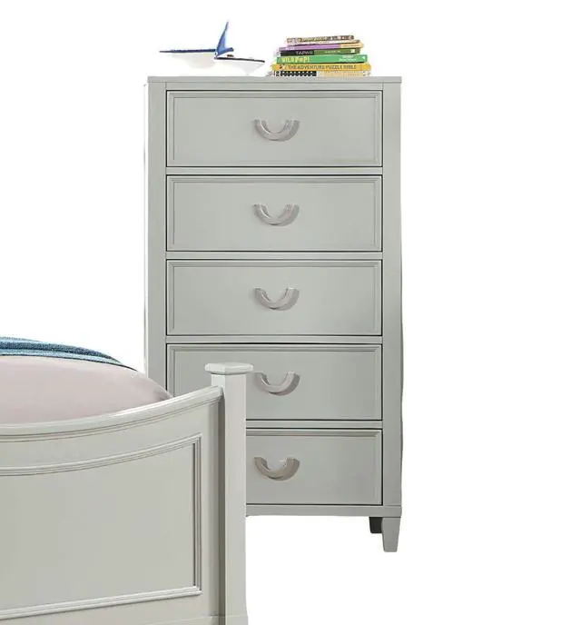 Alt view image 4 of 6 - Transitional Gray 1pc Chest Dovetail Drawers Solid wood Bedroom Chrome Hanging Pulls 5-Drawers Molding Details