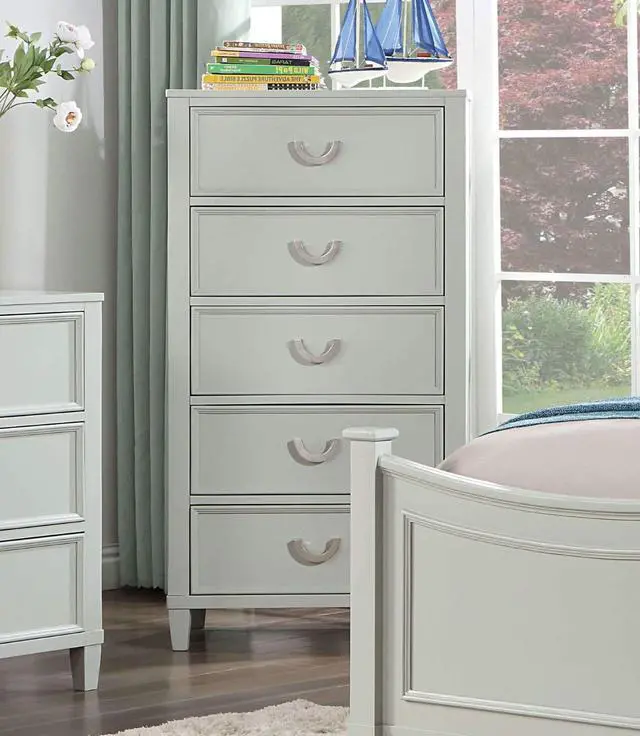 Alt view image 3 of 6 - Transitional Gray 1pc Chest Dovetail Drawers Solid wood Bedroom Chrome Hanging Pulls 5-Drawers Molding Details