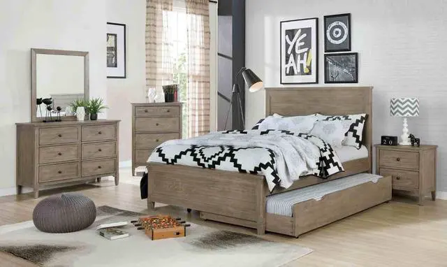 Alt view image 7 of 7 - Wire-Brushed Warm Gray 1Pc Nightstand Bedside Table Round Pull Knobs Bedroom Furniture