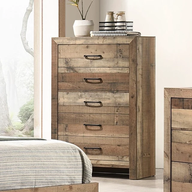 Alt view image 2 of 5 - 1pc Rustic Plank-Style Rich Natural Finish Five Drawers Tall Chest Wooden Bedroom Furniture Contemporary Modern Transitional