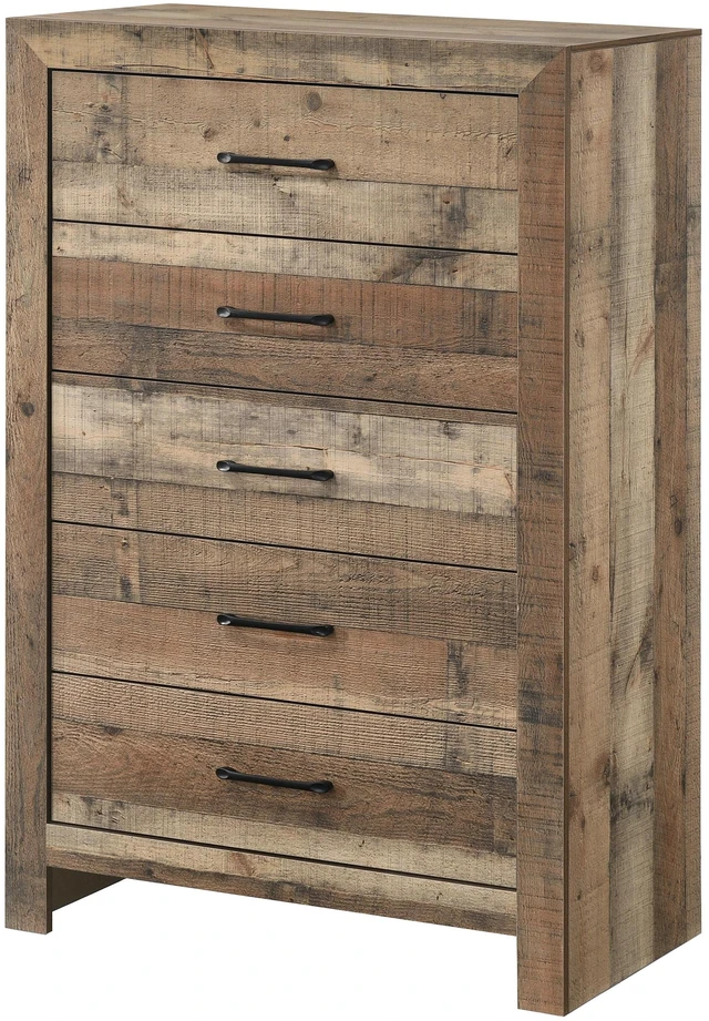 Main image of 1pc Rustic Plank-Style Rich Natural Finish Five Drawers Tall Chest Wooden Bedroom Furniture Contemporary Modern Transitional