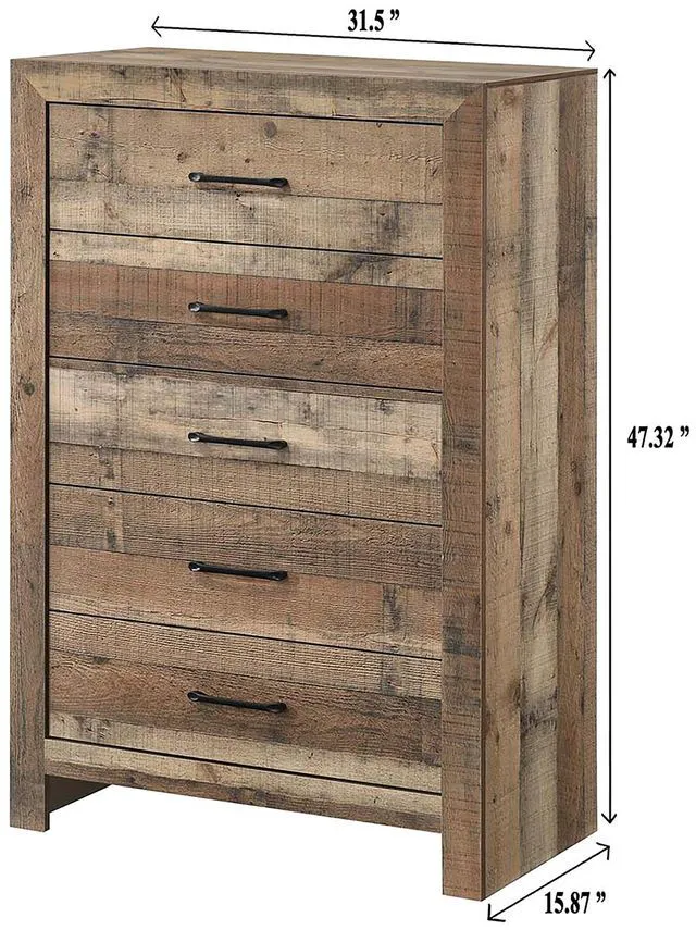 Alt view image 3 of 5 - 1pc Rustic Plank-Style Rich Natural Finish Five Drawers Tall Chest Wooden Bedroom Furniture Contemporary Modern Transitional
